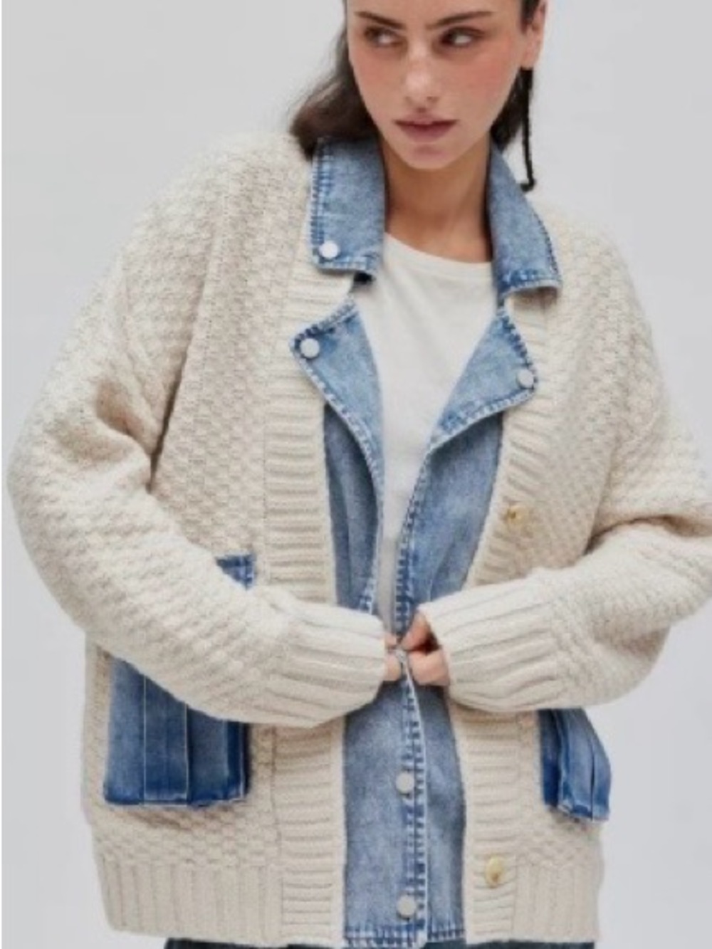 Blank NYC Cream Knit Cardigan with Blue Denim Trim